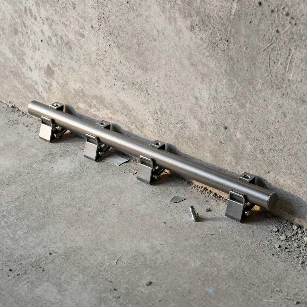 Bovenaanzicht van antraciet plafondrail met glijders en montagedelen op ruw beton.