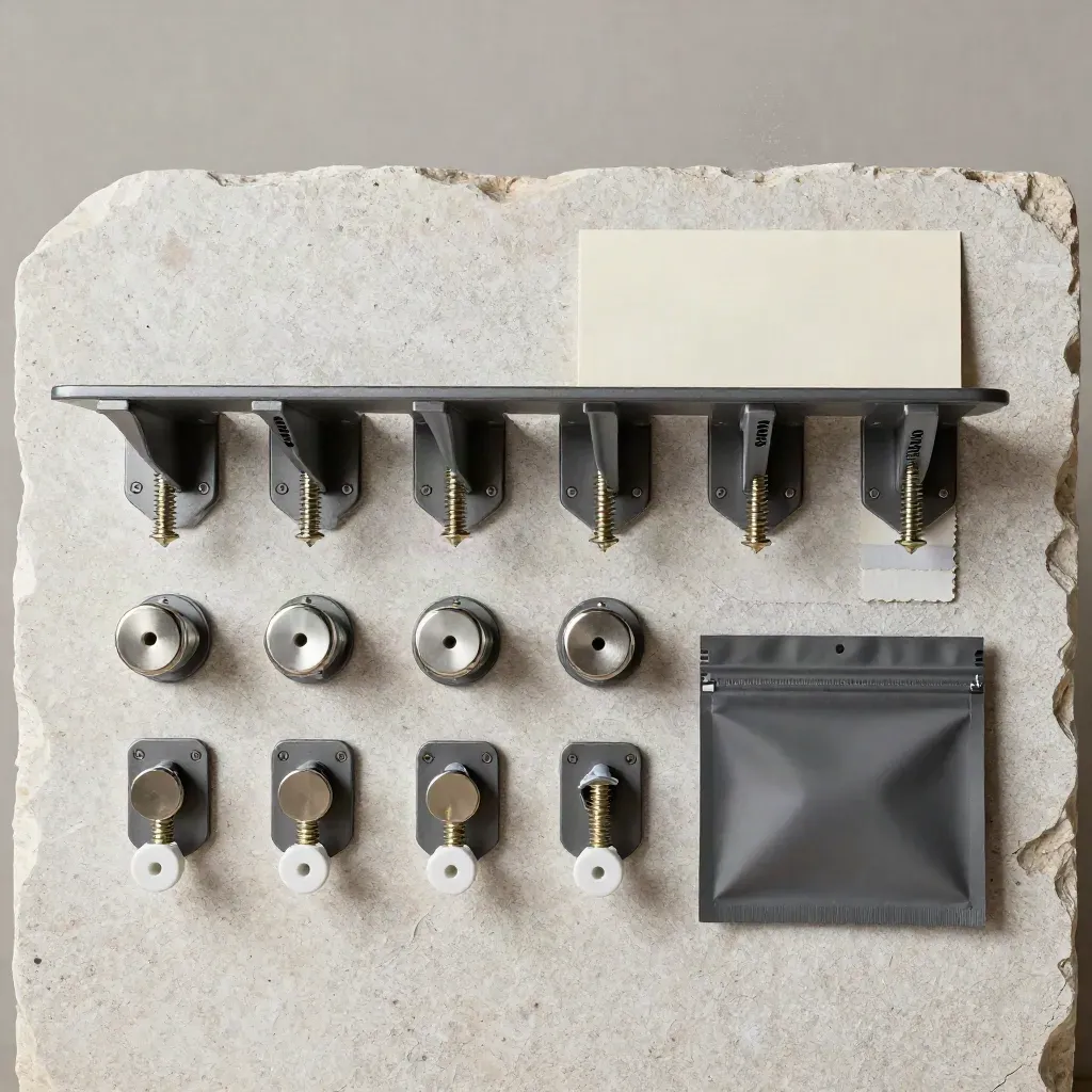 Montageset voor gordijnen met beugels, schroeven en pluggen op ruwe kalksteen.