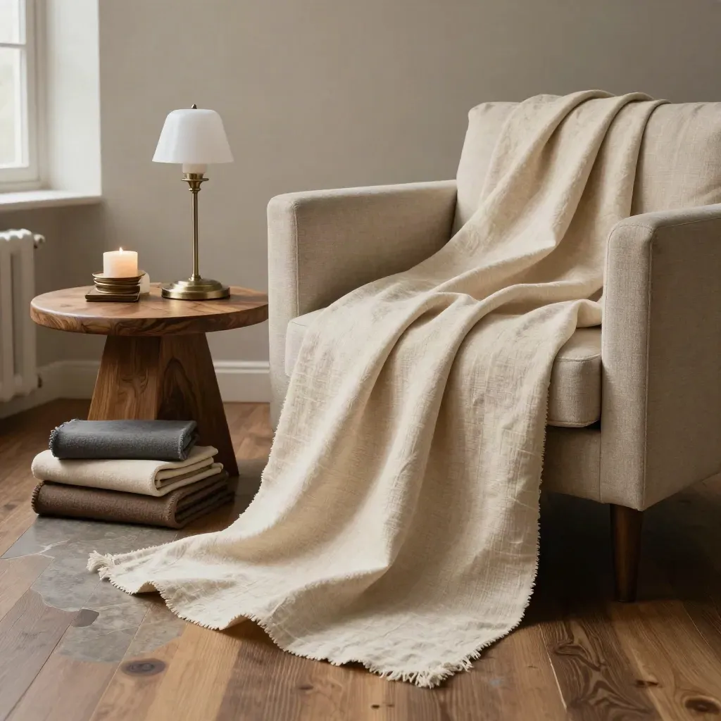 Gordijnen, fauteuil, lamp en stofstalen in een warme meetadviesscène bij het raam.