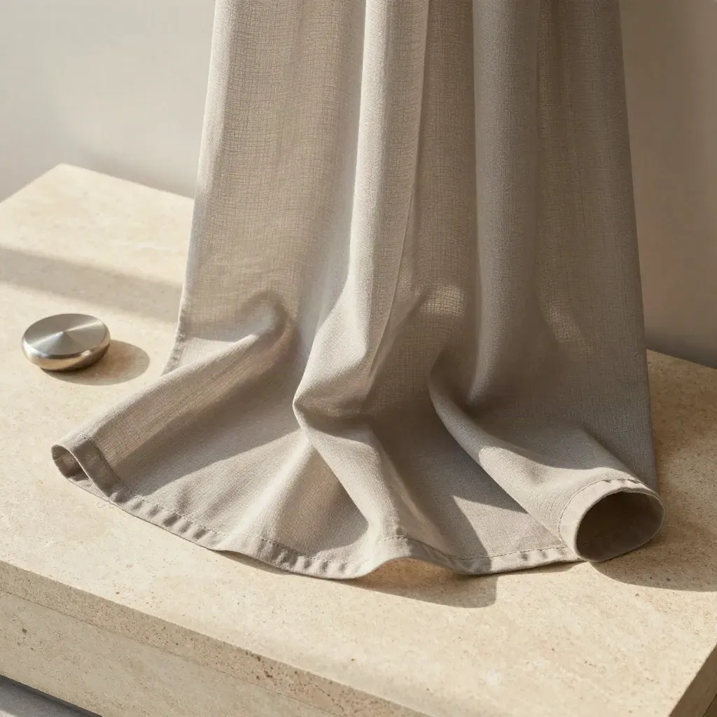 Zandgrijze inbetween op kalksteen met ringdetail, opgerolde zoom en metalen gewicht.