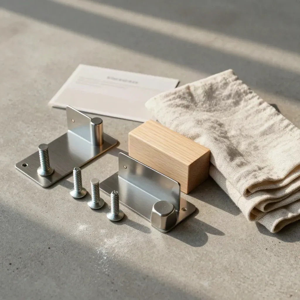Montageset voor wand met beugels, schroeven, pluggen, eindkappen en linnen doek op beton.